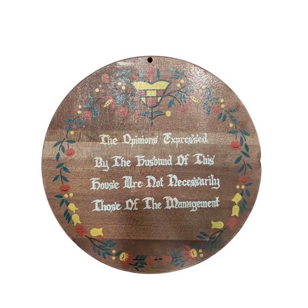 Vintage Made in Japan Wood Wall Plaque Husband Management Humor 8" Round